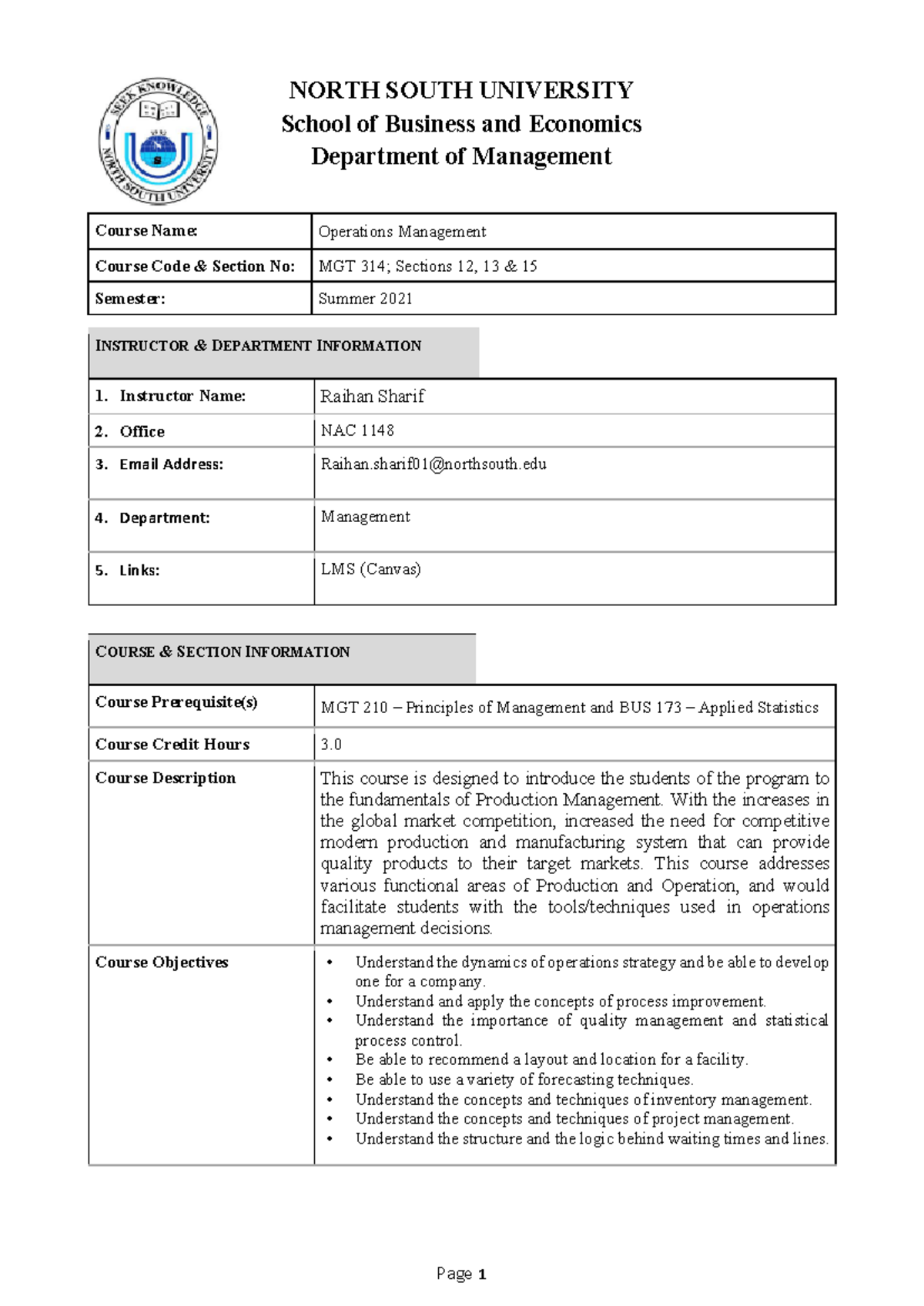 MGT 314 Summer 2021 Operations Management Course Outline - Studocu