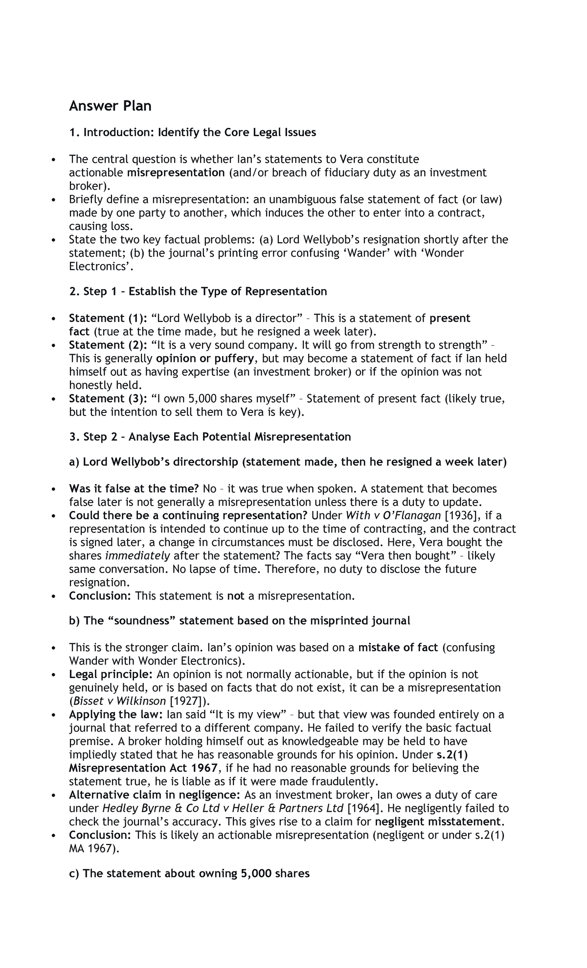 Answer Plan VLE - Misrepresentation Analysis and Legal Issues - Studocu