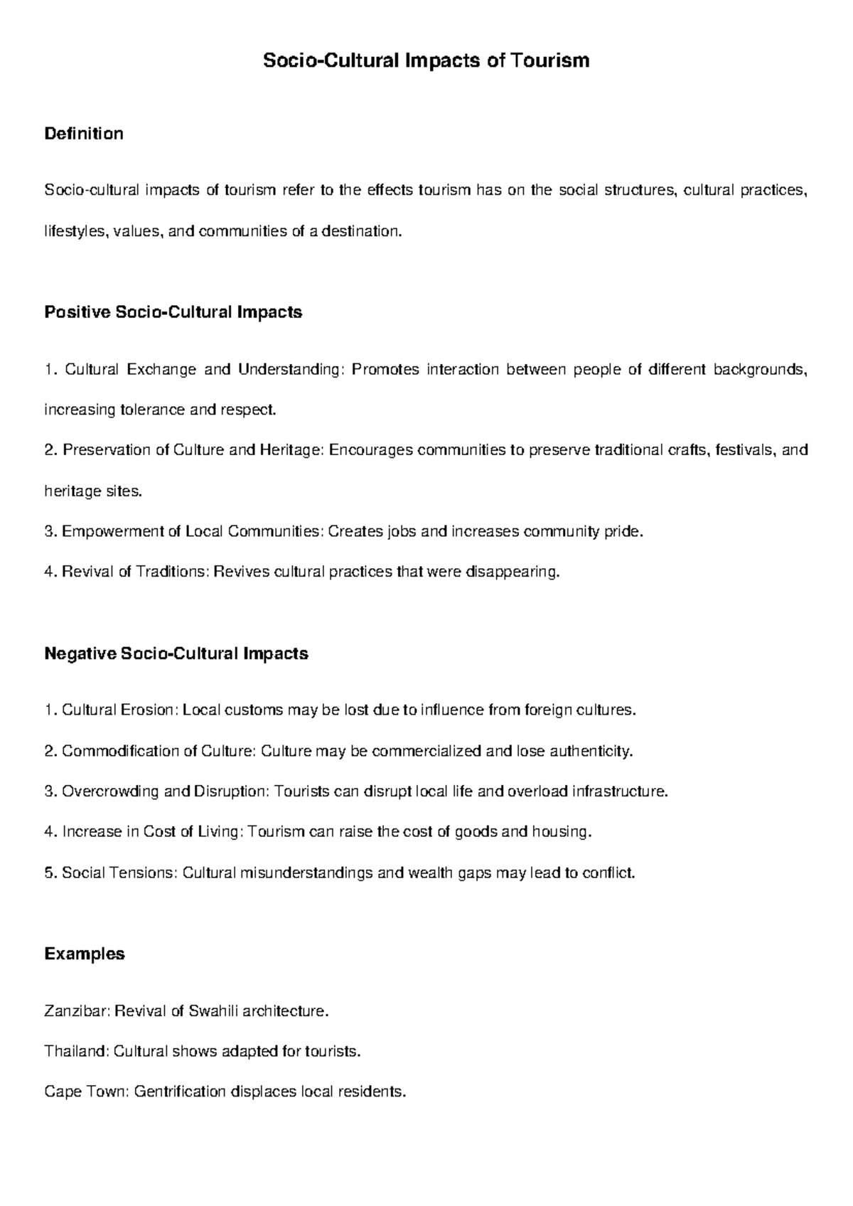 Socio-Cultural Impacts of Tourism: Positive and Negative Effects - Studocu