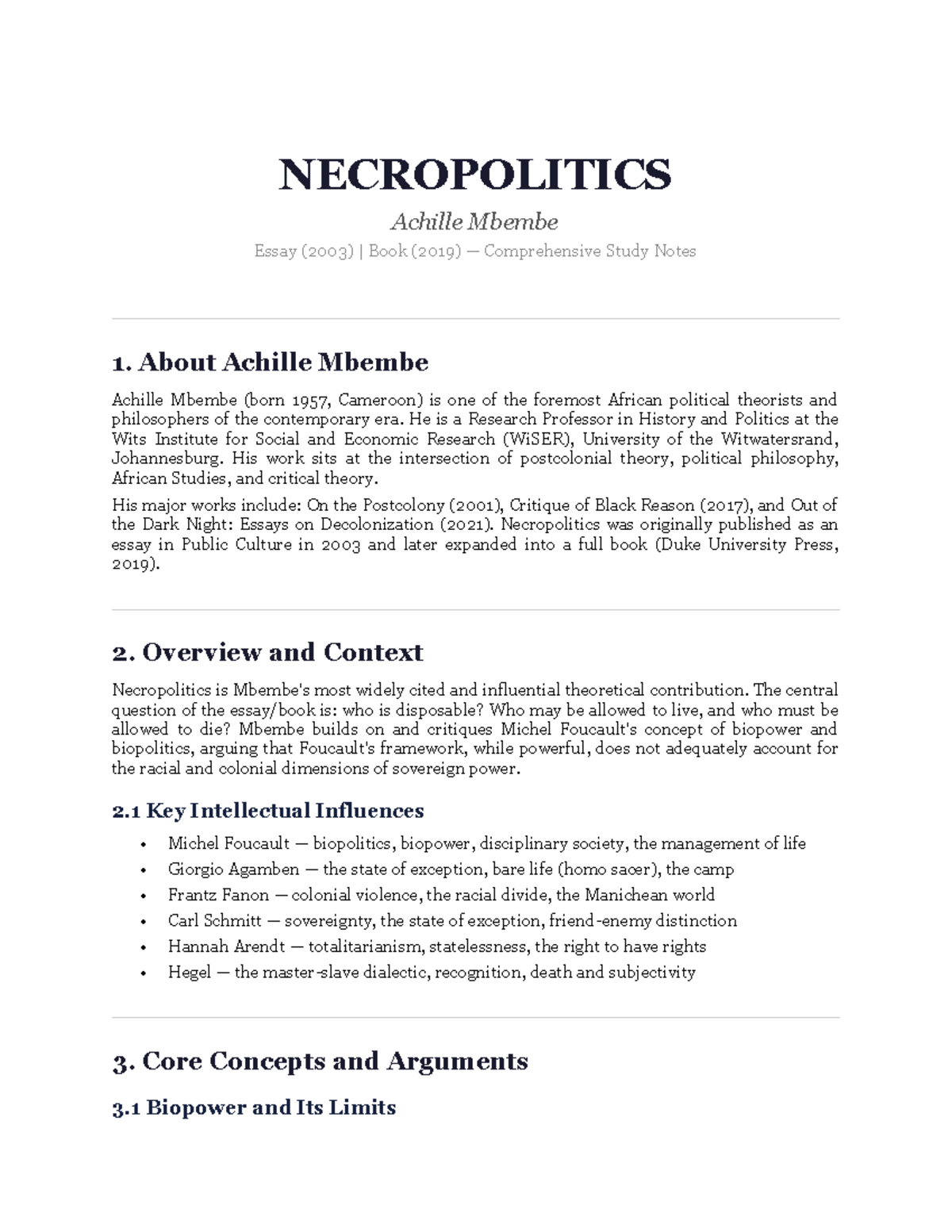 NECROPOLITICS (Achille Mbembe) Comprehensive Study Notes - Document Preview