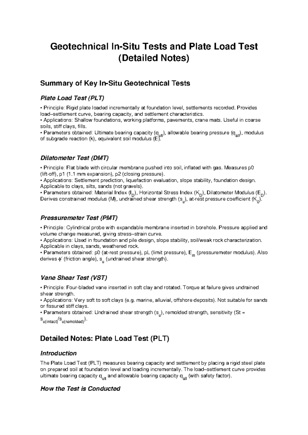 Geotechnical Tests: Detailed Notes on Plate Load Test (PLT) - Studocu