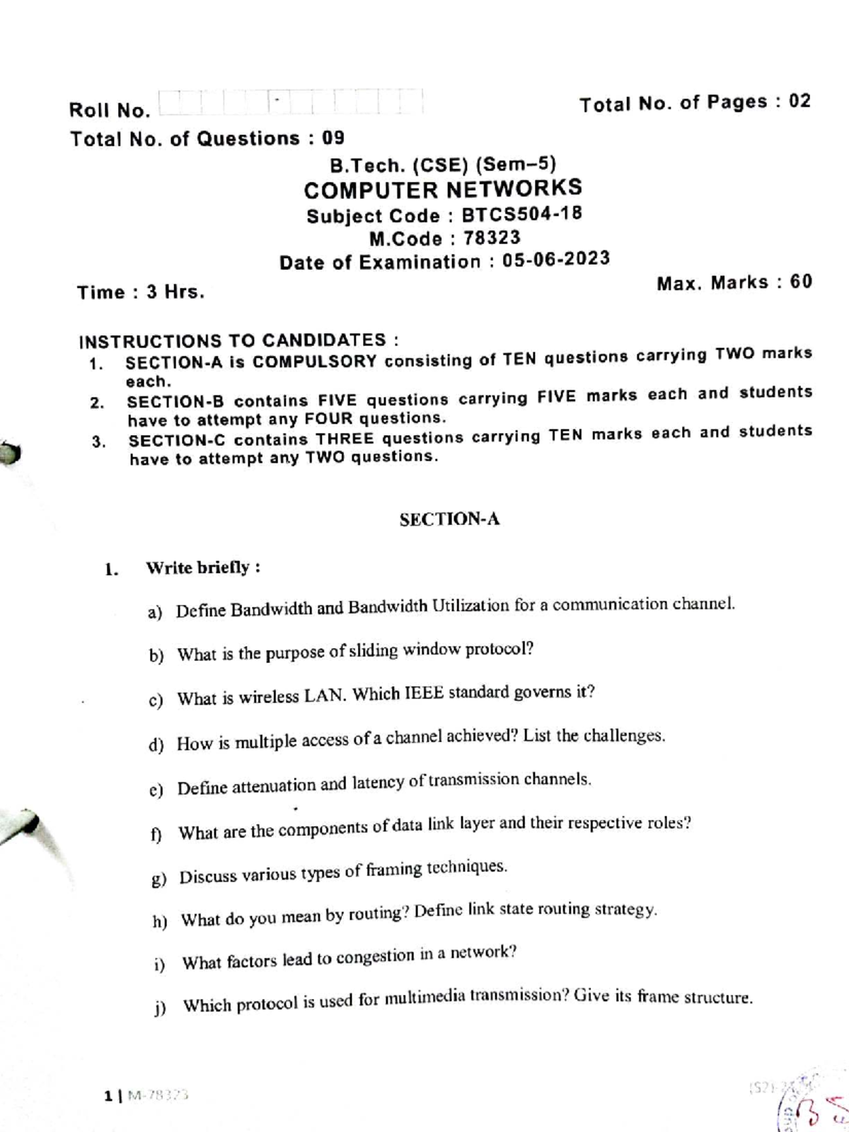 B.Tech. (CSE) M.Code: 78323 Computer Networks Exam Paper - Studocu