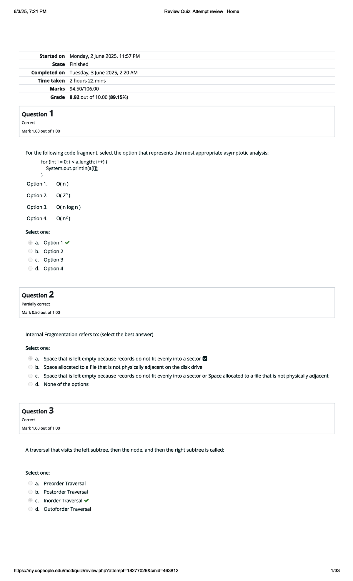 Unit 9 Review Quiz: Asymptotic Analysis and Data Structures - Studocu