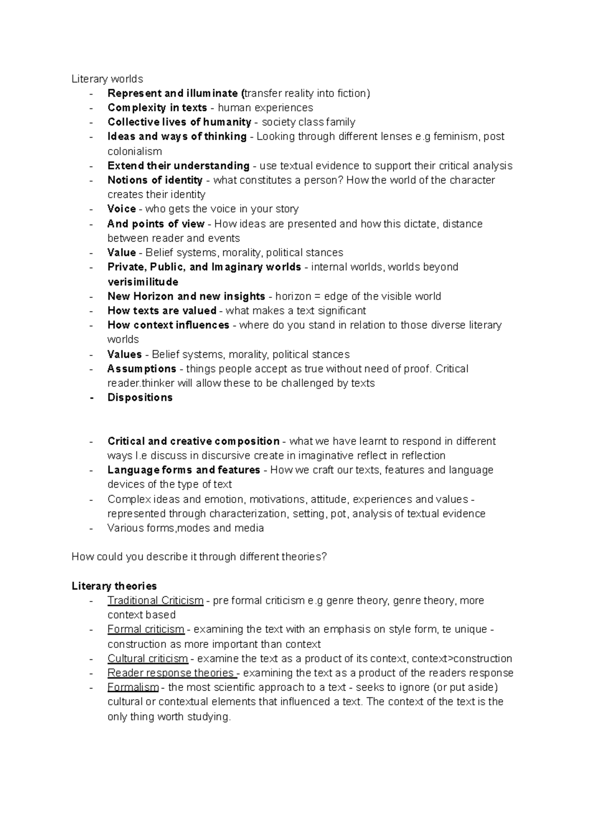Assignment Notes - Literary Worlds: Exploring Context & Criticism - Studocu