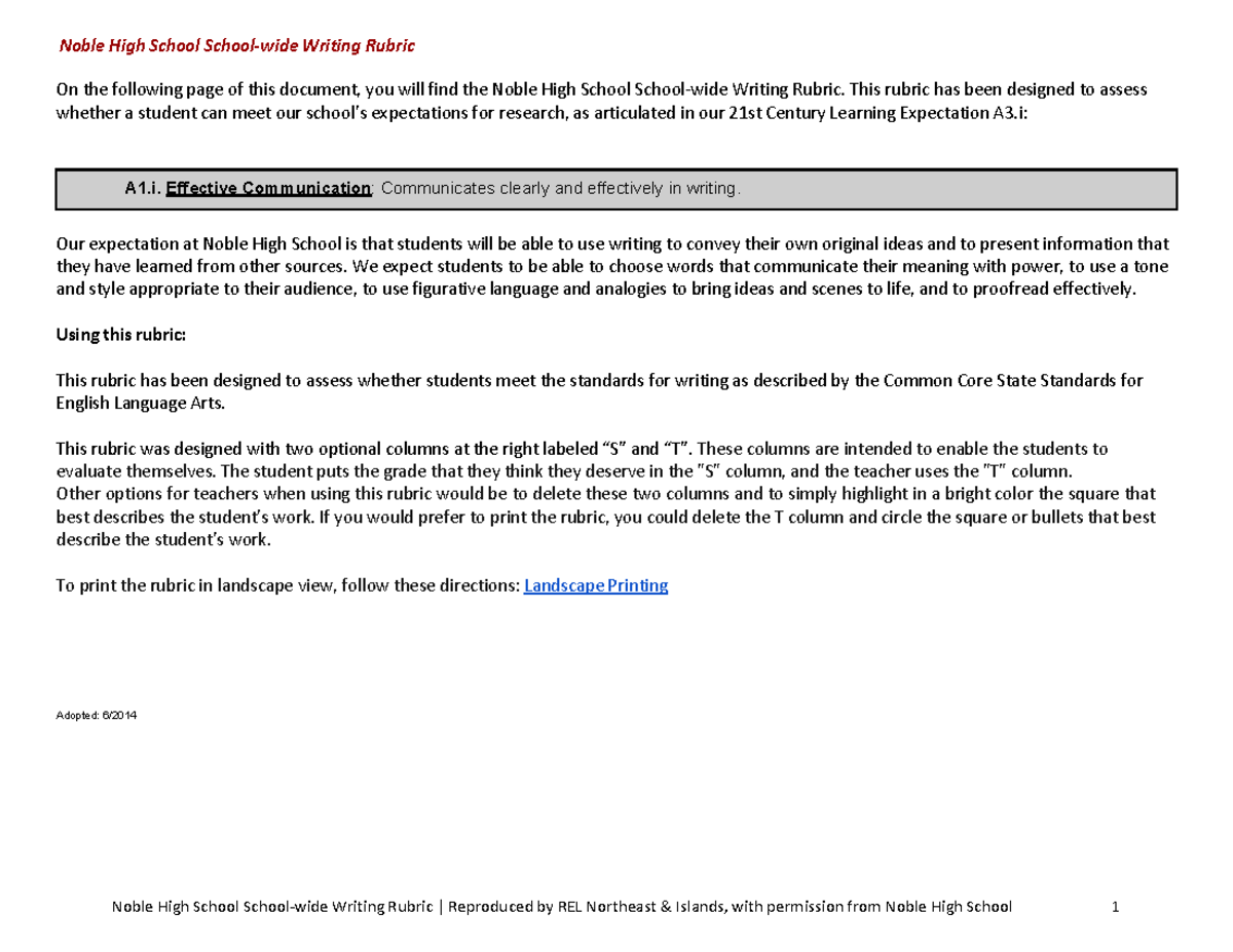 Noble High School writing rubric for effective communication assessment ...