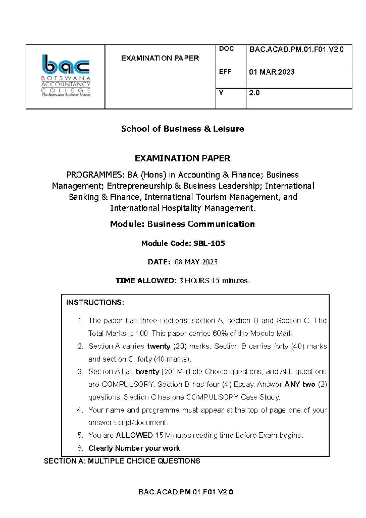 SBL-105 Business Communication Final Exam Paper - Studocu