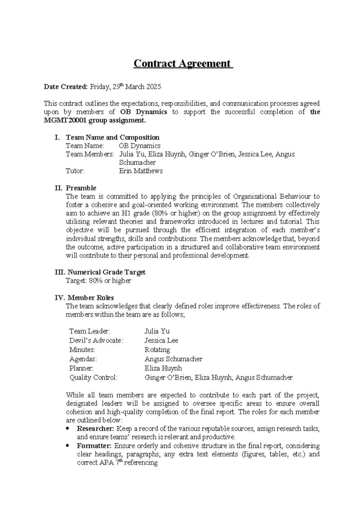 OB Dynamics Group Assignment Contract Agreement - Studocu