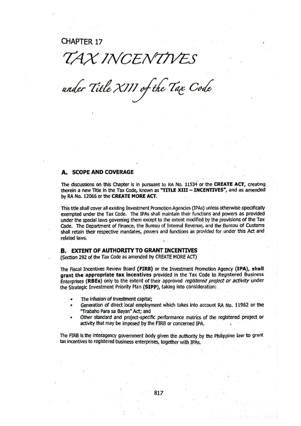 CAM 17 - Chapter 17 Tax Incentives under CREATE Act - Studocu