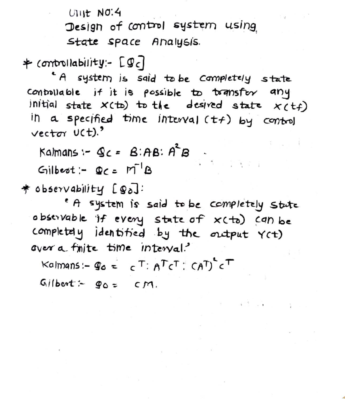 Unit 4: State Space Analysis of Controllability & Observability - Studocu