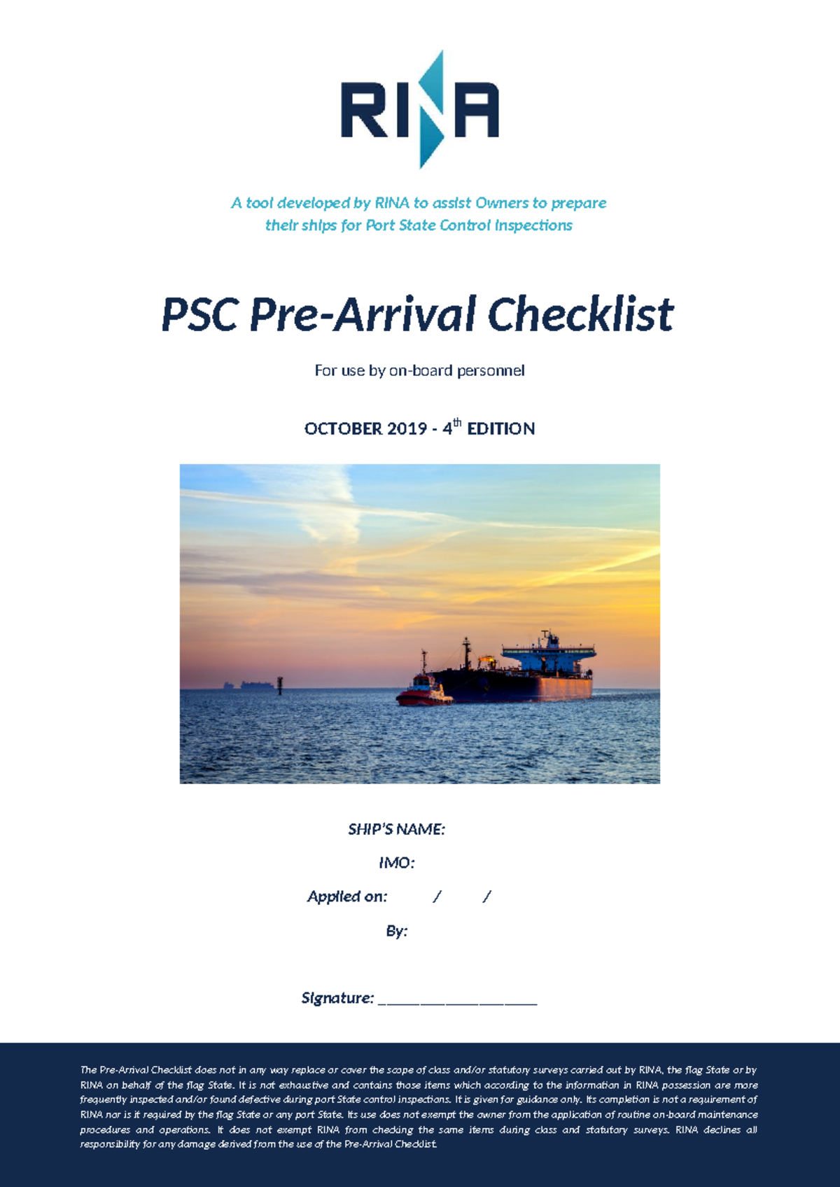 PSC Pre-Arrival Checklist for Ship Owners - RINA 4th Edition - Studocu