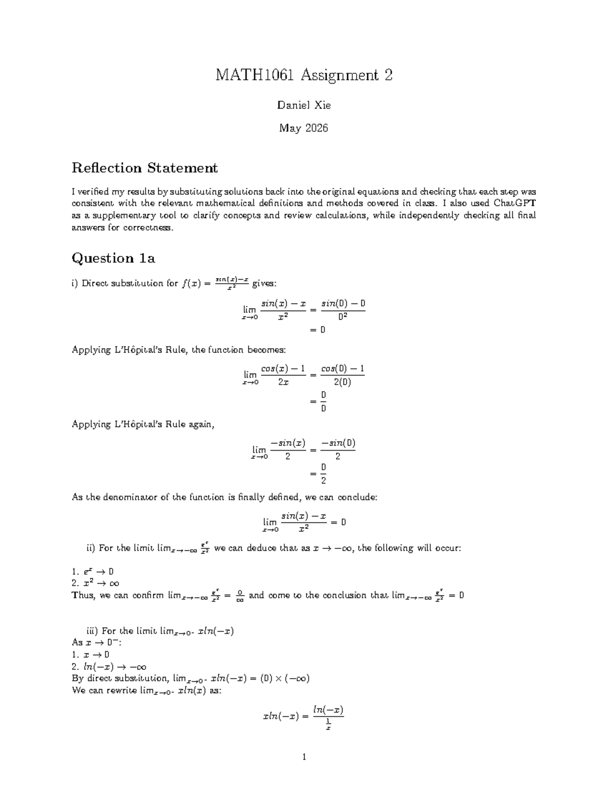 MATH1061 Assignment 2 Reflection on Mathematical Concepts and Methods ...