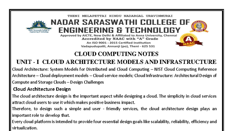 CLOUD COMPUTING NOTES: UNIT I - ARCHITECTURE & INFRASTRUCTURE - Studocu