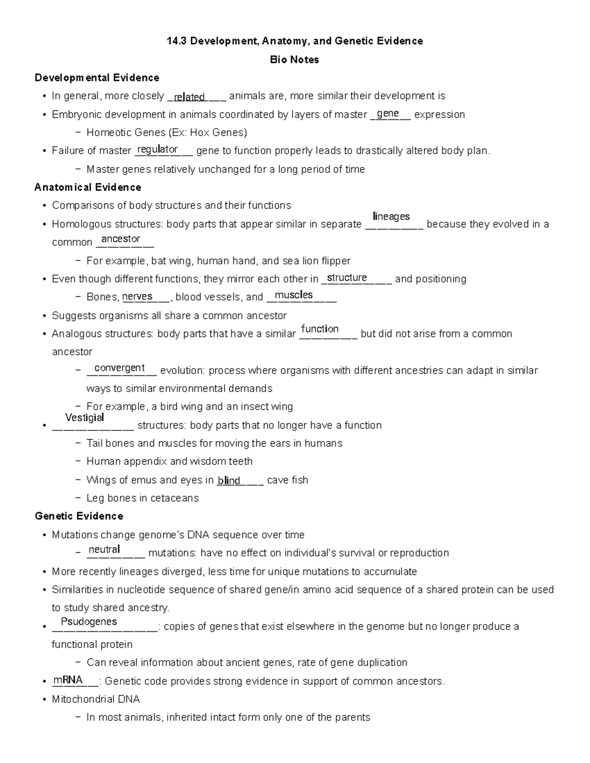 Bio 101 - 14.3 Development, Anatomy, and Genetic Evidence Notes - Studocu