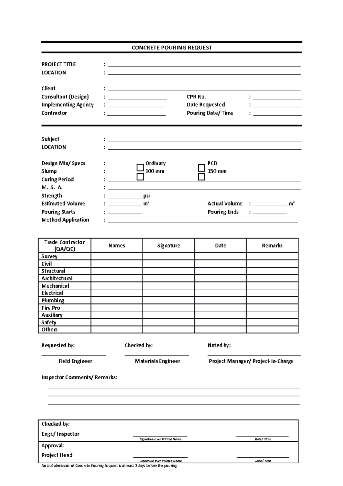 7. Concrete Pouring Request Form for Project Approval and Details - Studocu