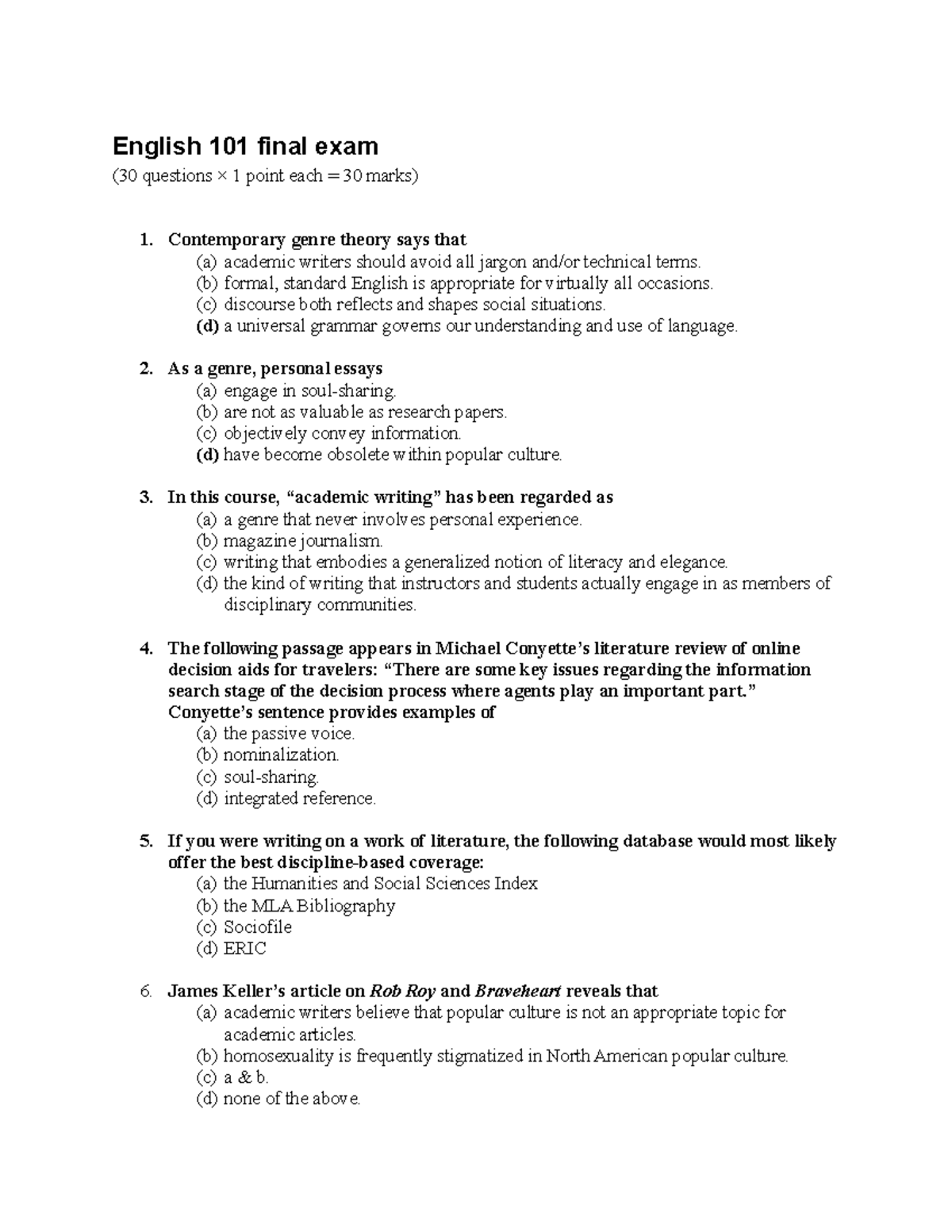 English 101 Final Exam Review Questions and Answers - Studocu