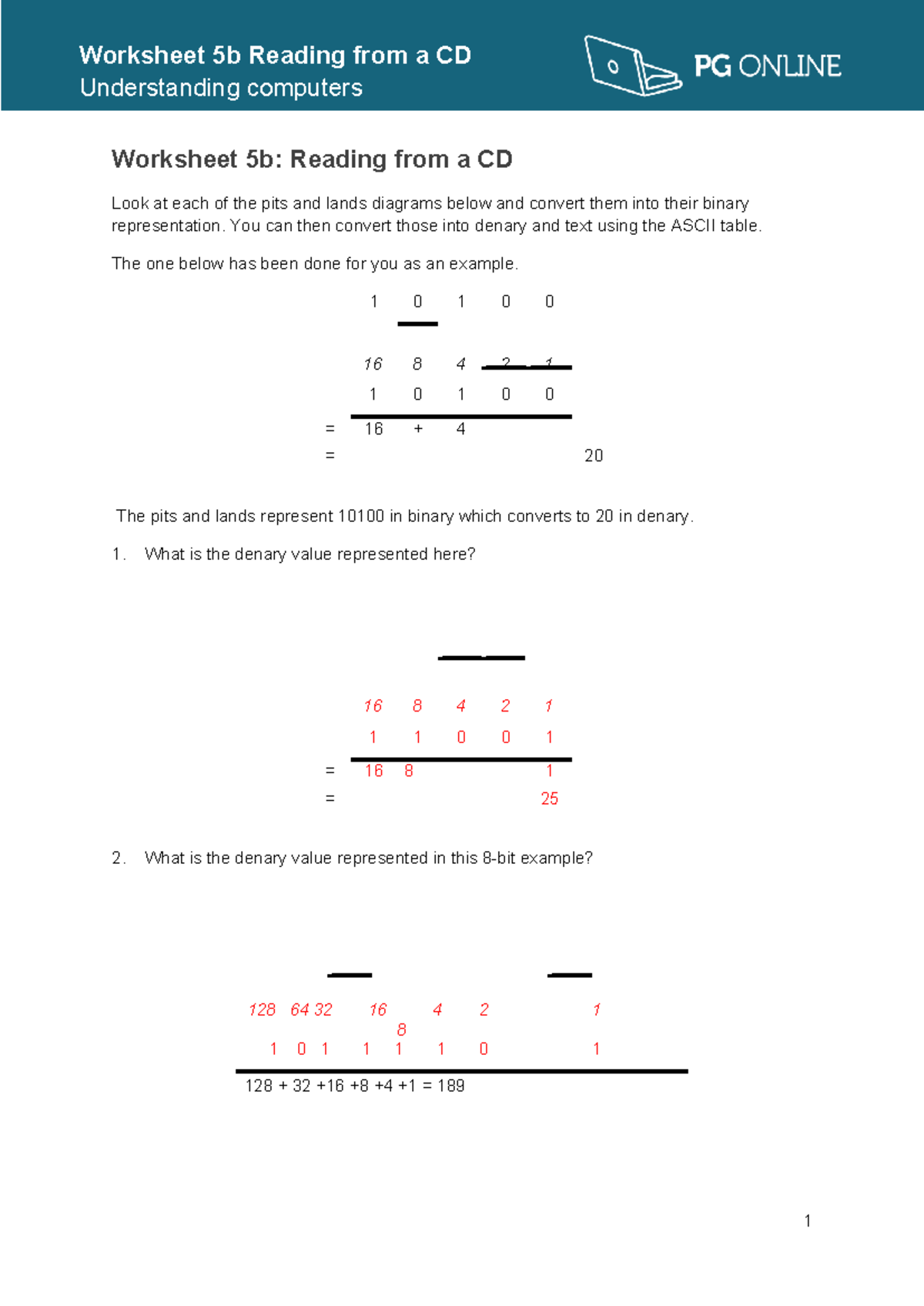 Cd Reading Worksheet 5b: Understanding Computer Data Representation ...