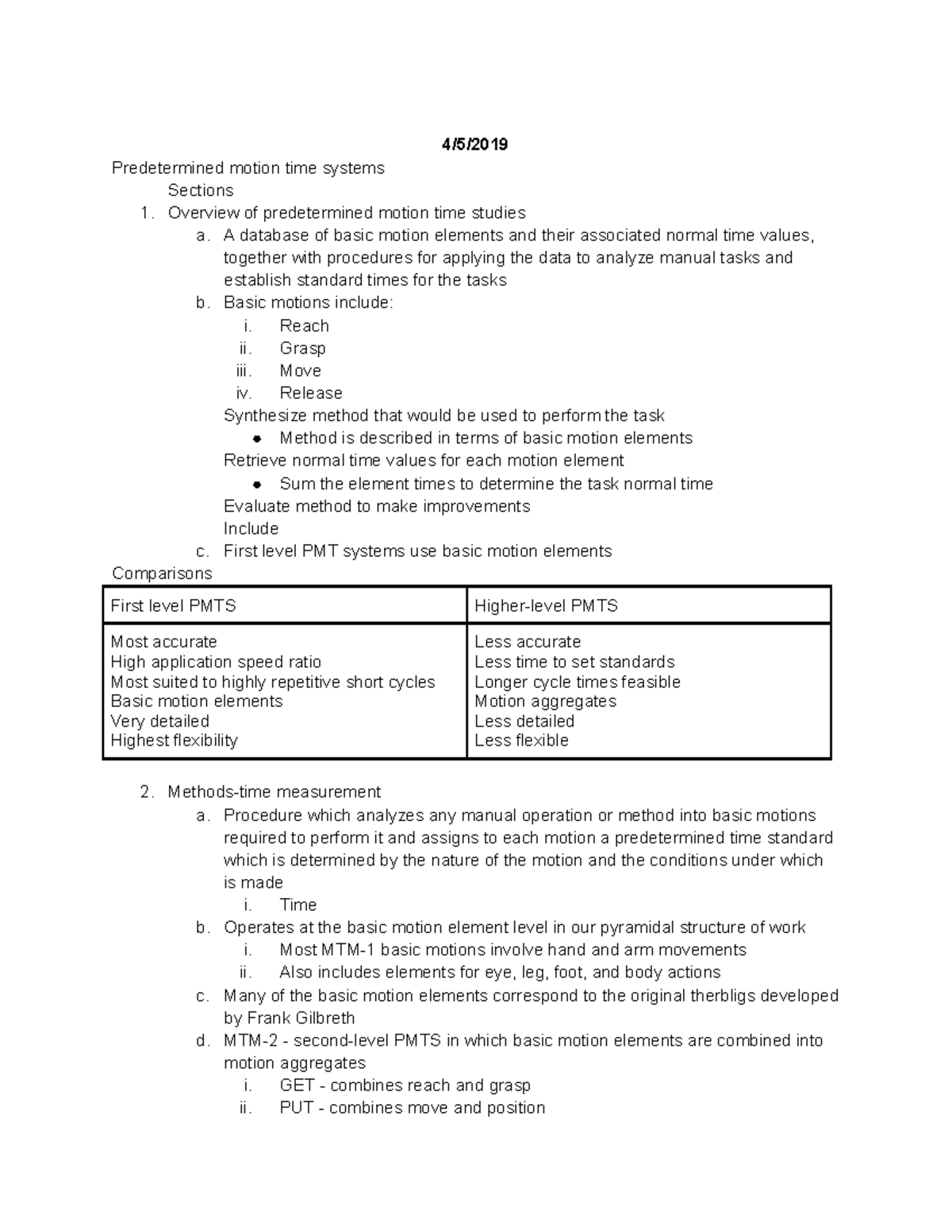 Class 17 - Lecture notes 17 - 4/5/ Predetermined motion time systems ...