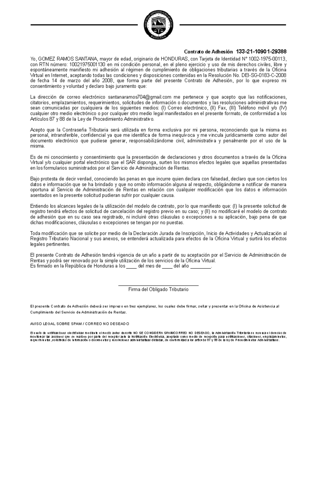 Contrato de Adhesión 133-21-10901 - Oficina Virtual SAR - Document Preview