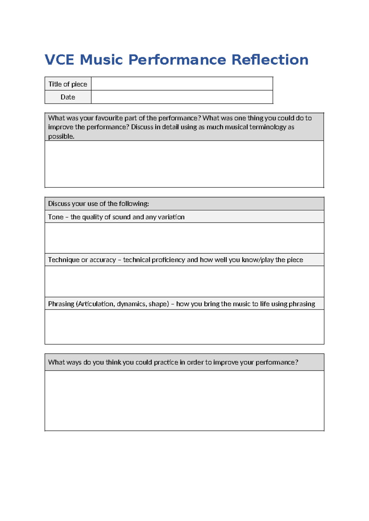 Performance Reflection - VCE Music Performance Reflection Title of ...
