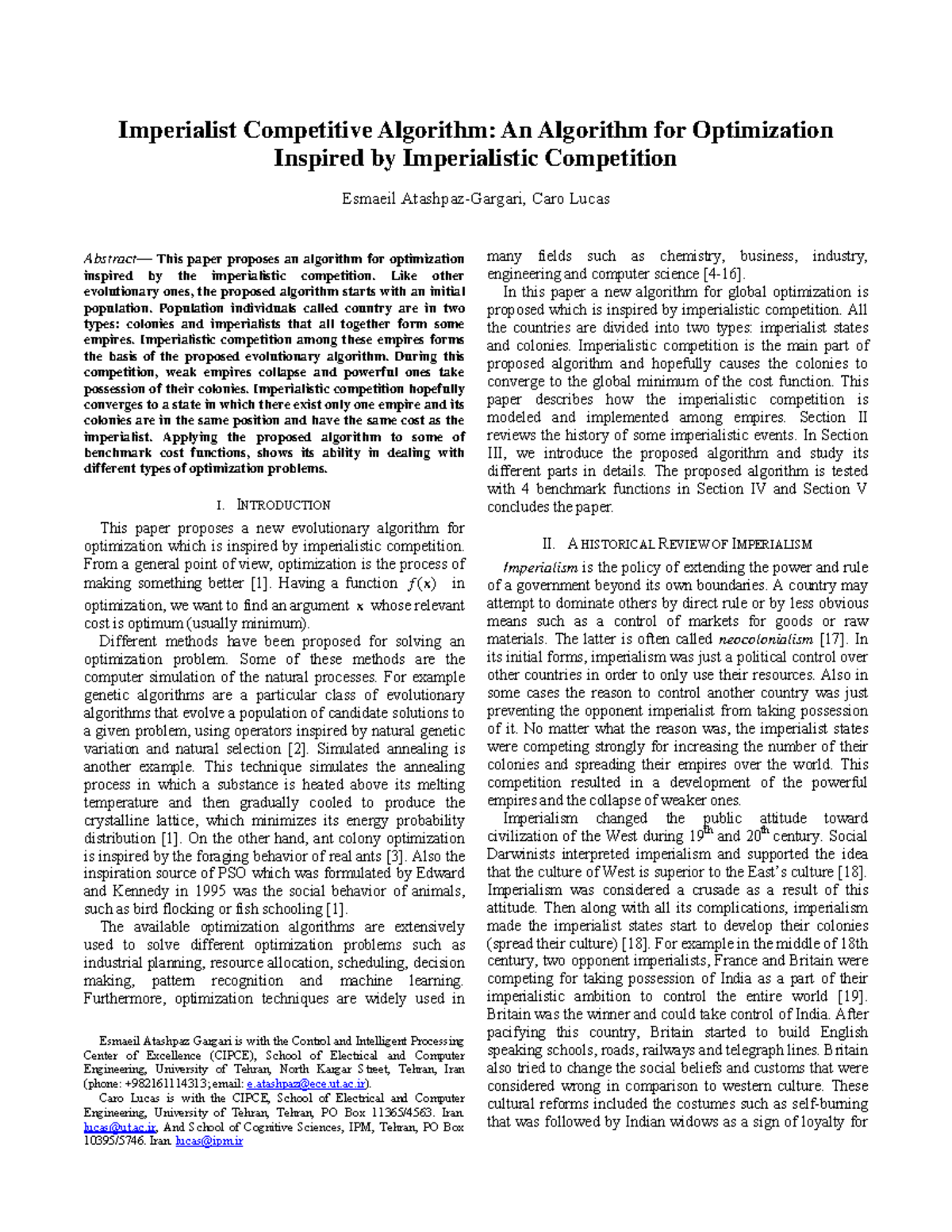 Imperialist Competitive Algorithm for Optimization: A Novel Approach ...