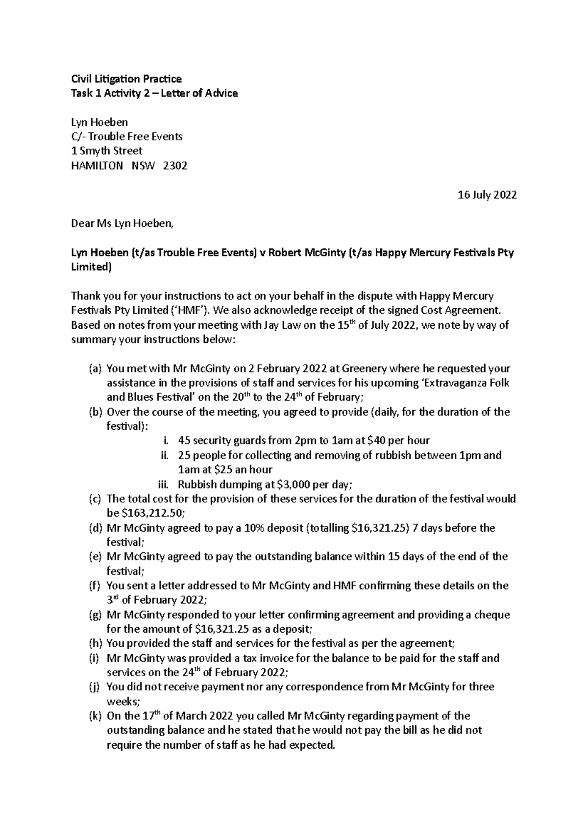 Civil Litigation Practice: Task 1 - Letter of Advice on Breach of ...
