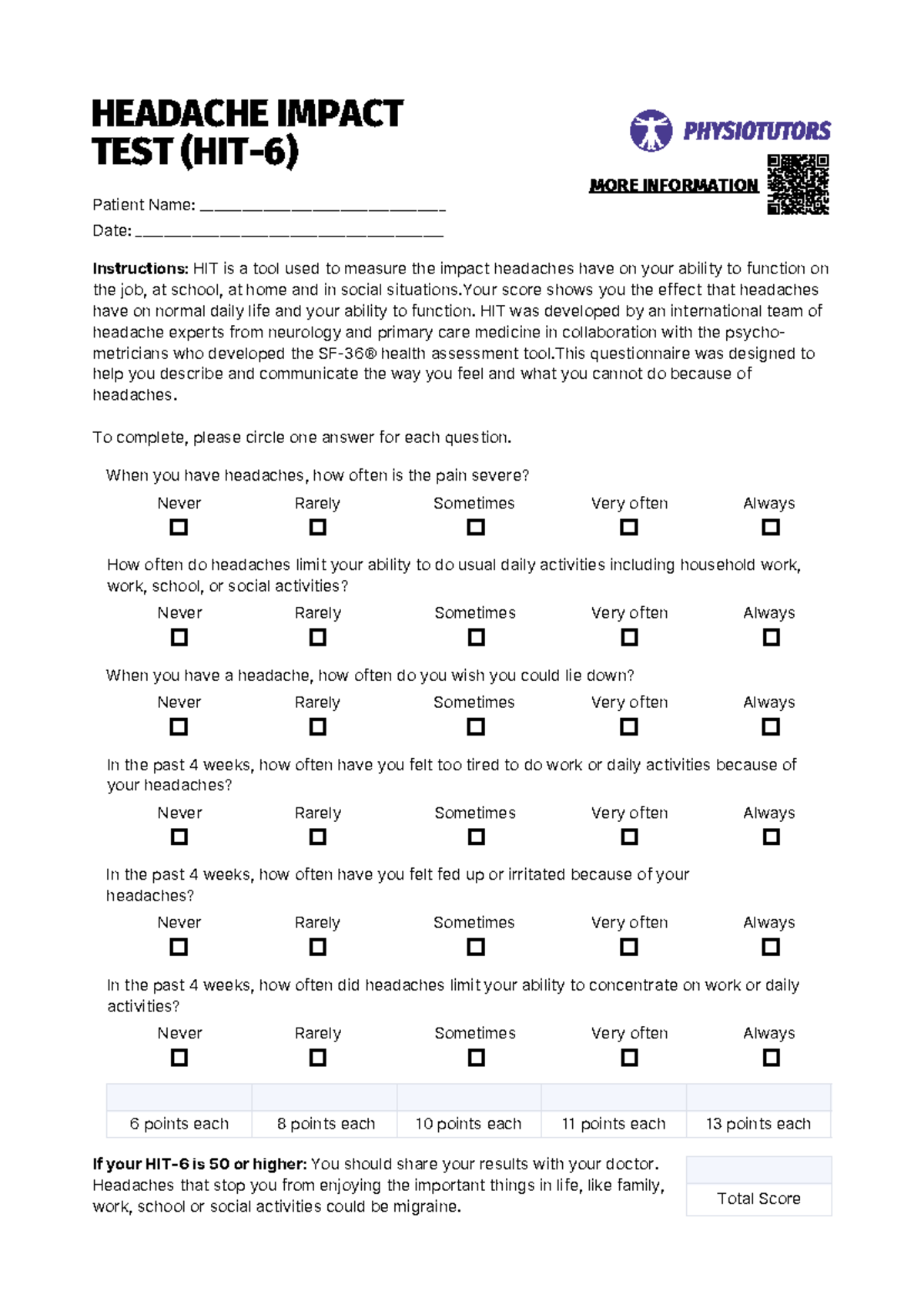 Headache Impact Test (HIT) - Patient Assessment Guide - Studocu