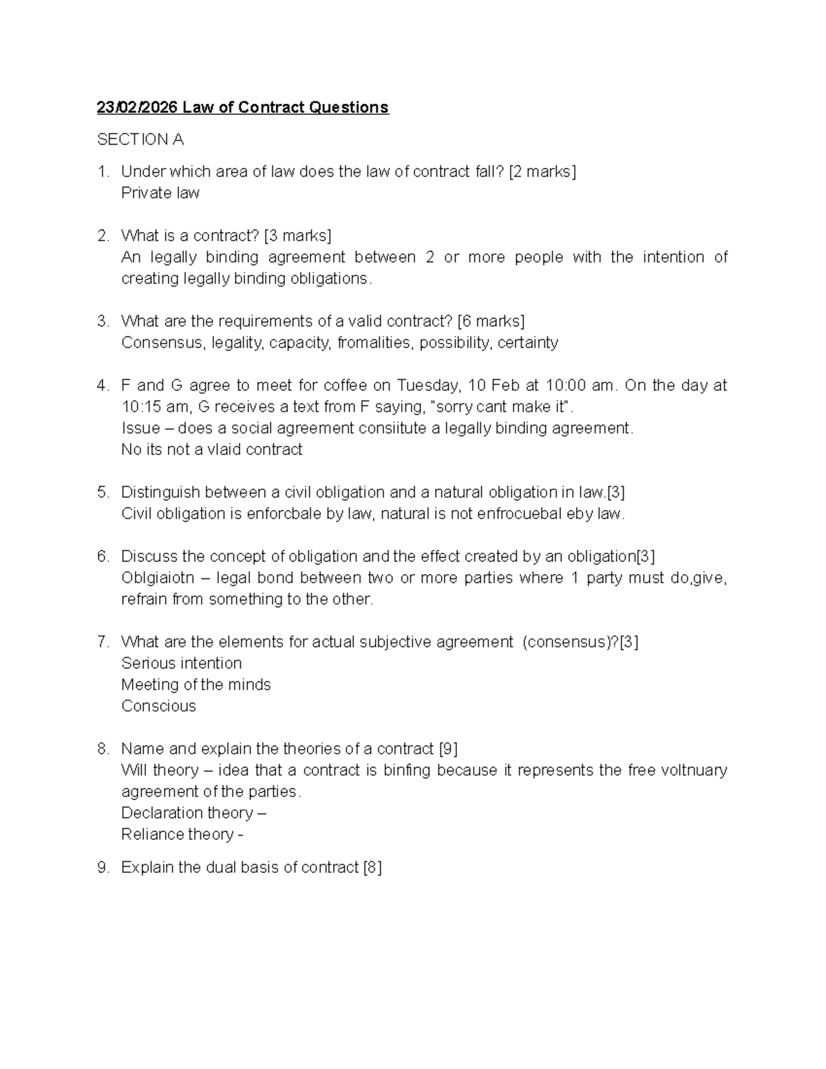 Law of Contract Questions & Answers - Intro Tutorial Notes - Studocu