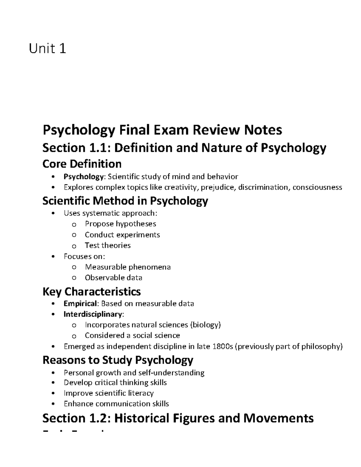 Unit 1 PSY 101 Final Exam Review: Nature & History of Psychology - Studocu