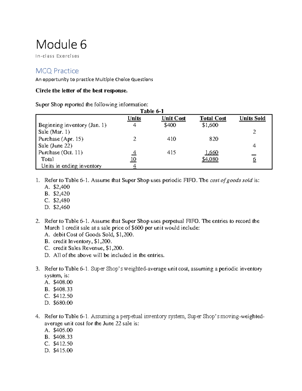 In-class Activities - Module 6 - Module 6 In-class Exercises MCQ ...