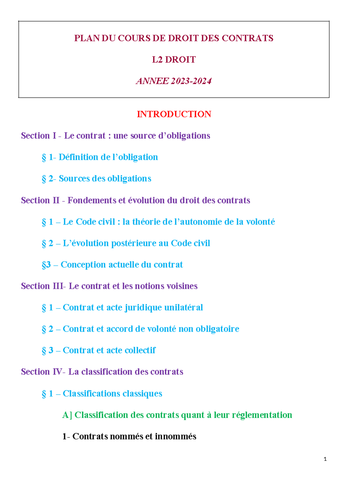 PLAN DU COURS DE DROIT DES CONTRATS L2 DROIT ANNEE 2023 - Studocu