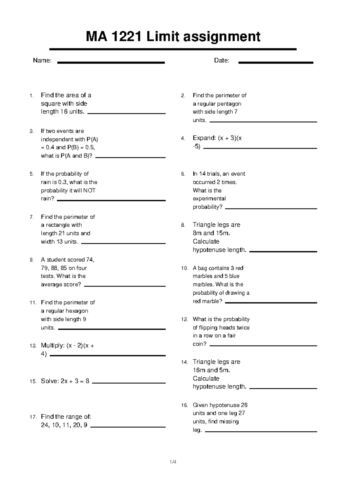 MA 1221 Limit Assignment: Problem Set and Solutions - Studocu