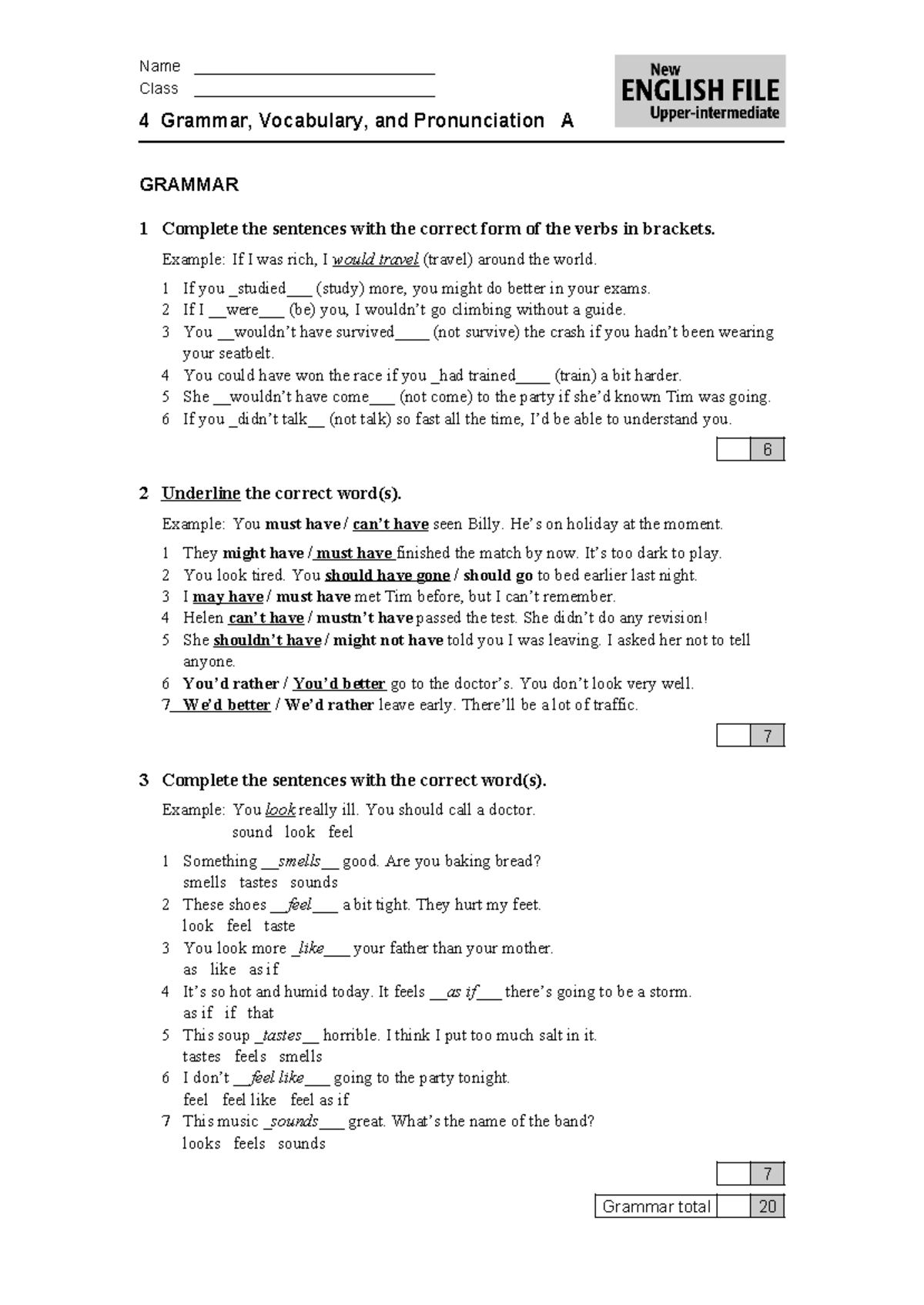 English File Upper Intermediate 4th Ed. Test 4A: Grammar, Vocabulary ...