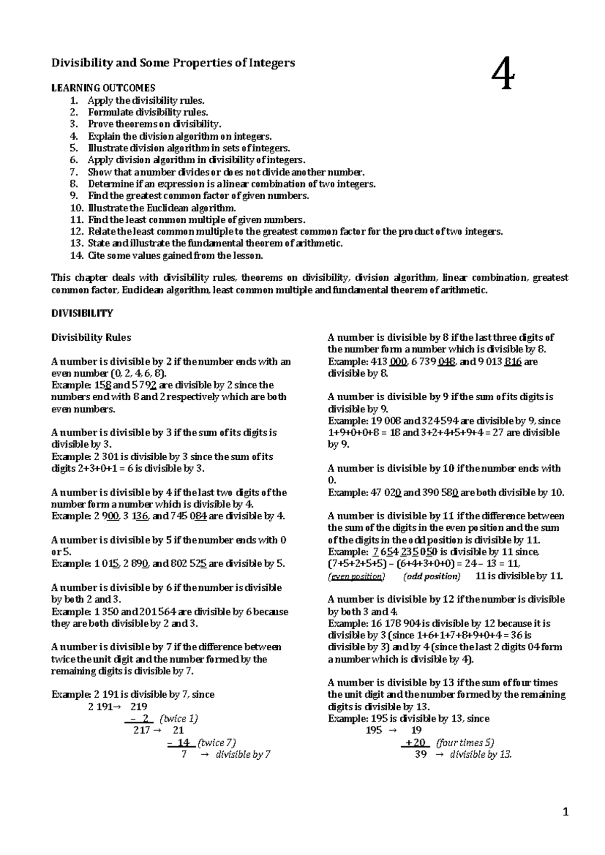 Chapter IV: Divisibility & Properties of Integers (MATH 101) - Studocu