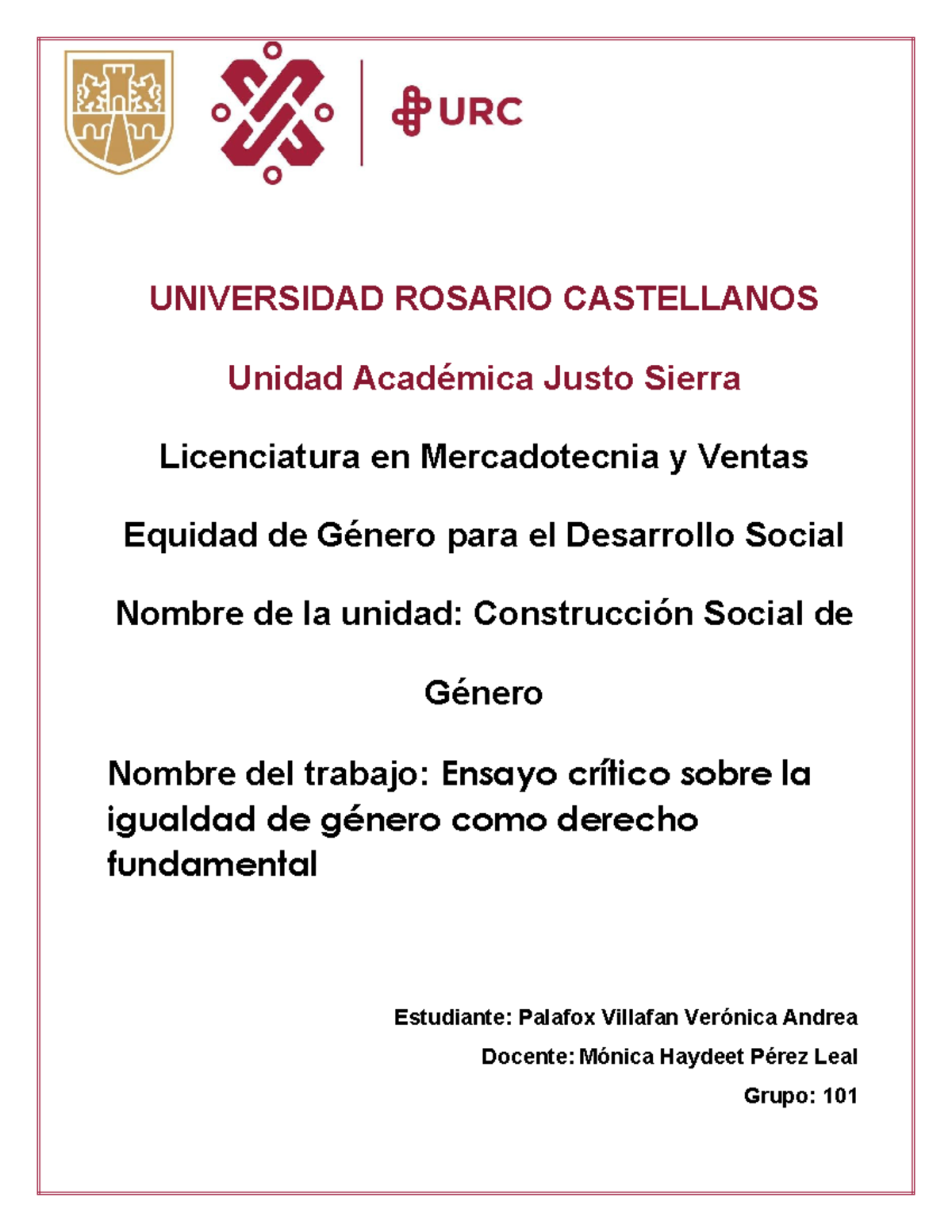 Ensayo Crítico sobre Igualdad de Género como Derecho Fundamental - 101 - Document Preview