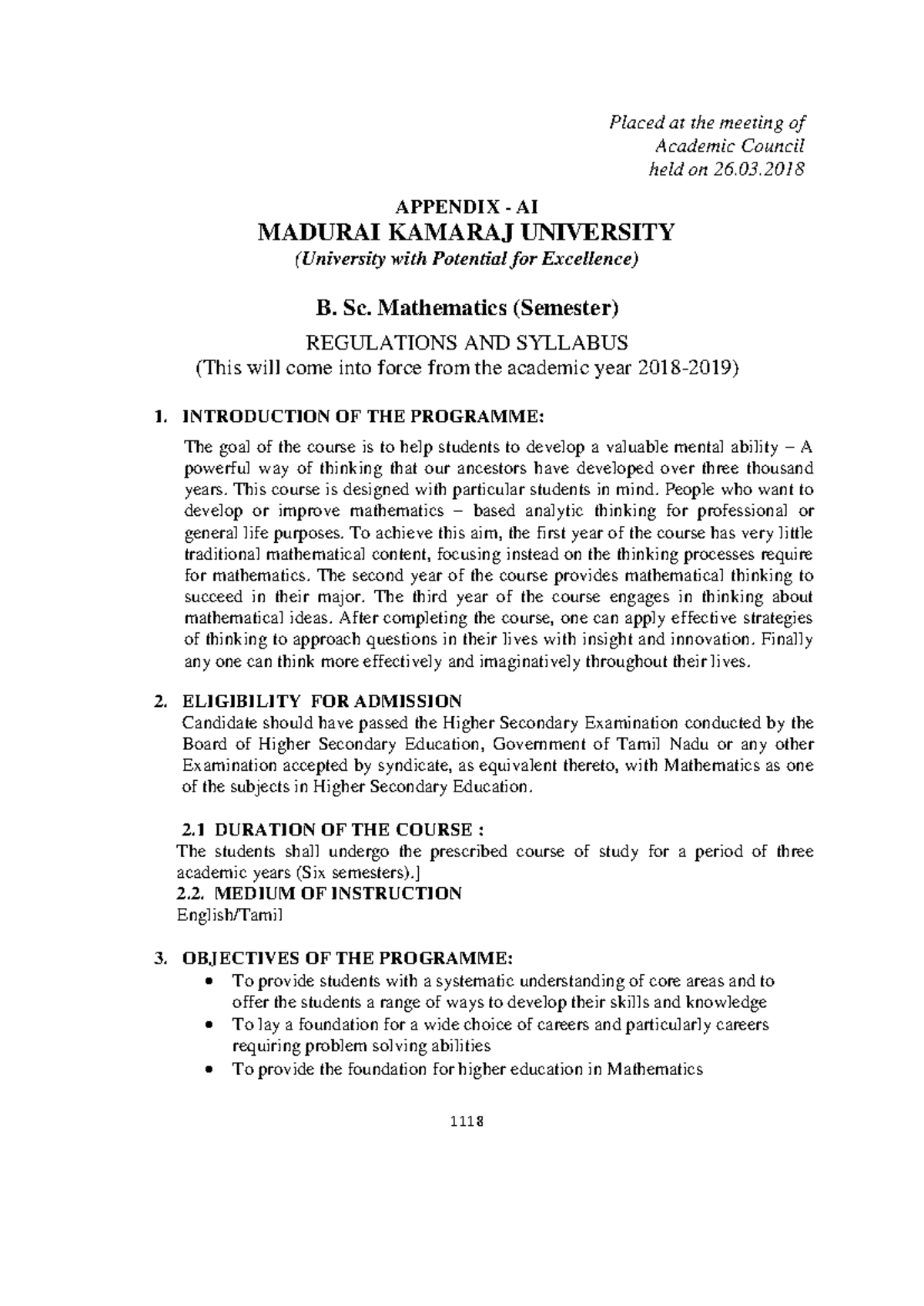 B. Sc. Mathematics Syllabus & Regulations (2018) - AI 1121 - Studocu