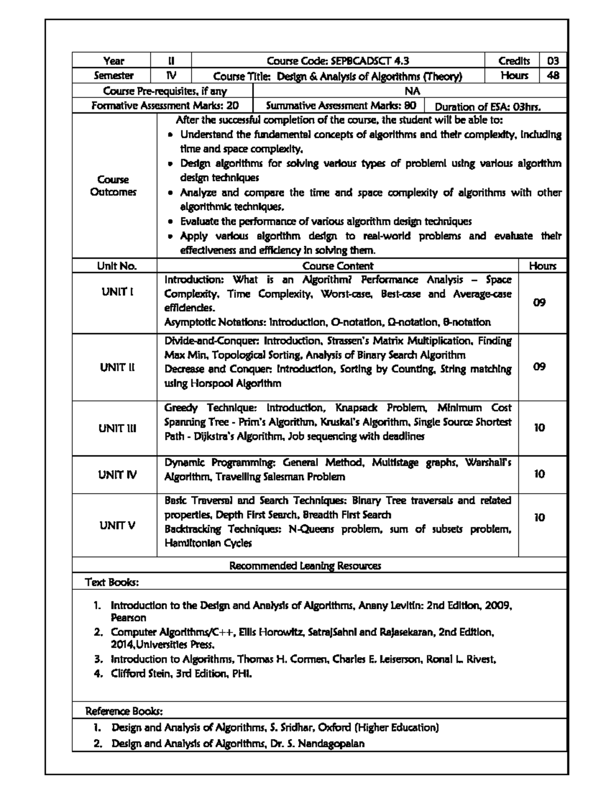 Design Analysis of Algorithms Syllabus - SEPBCADSCT 4.3 Credits - Studocu