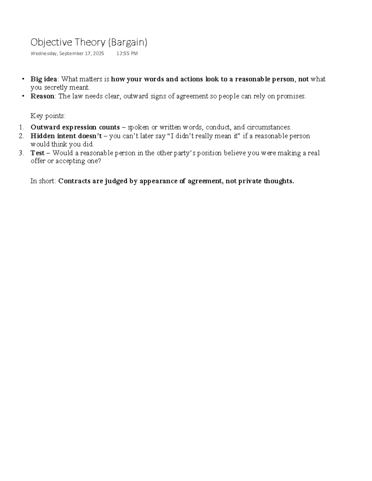 Understanding Objective Theory in Contract Law (Bargain) - Studocu