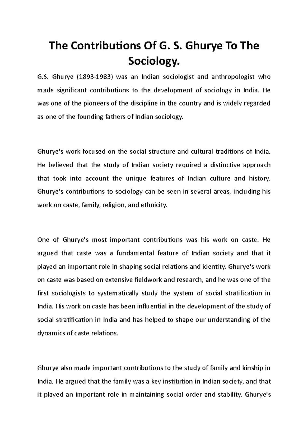 G.S. Ghurye's Impact on Indian Sociology: Key Contributions - Studocu