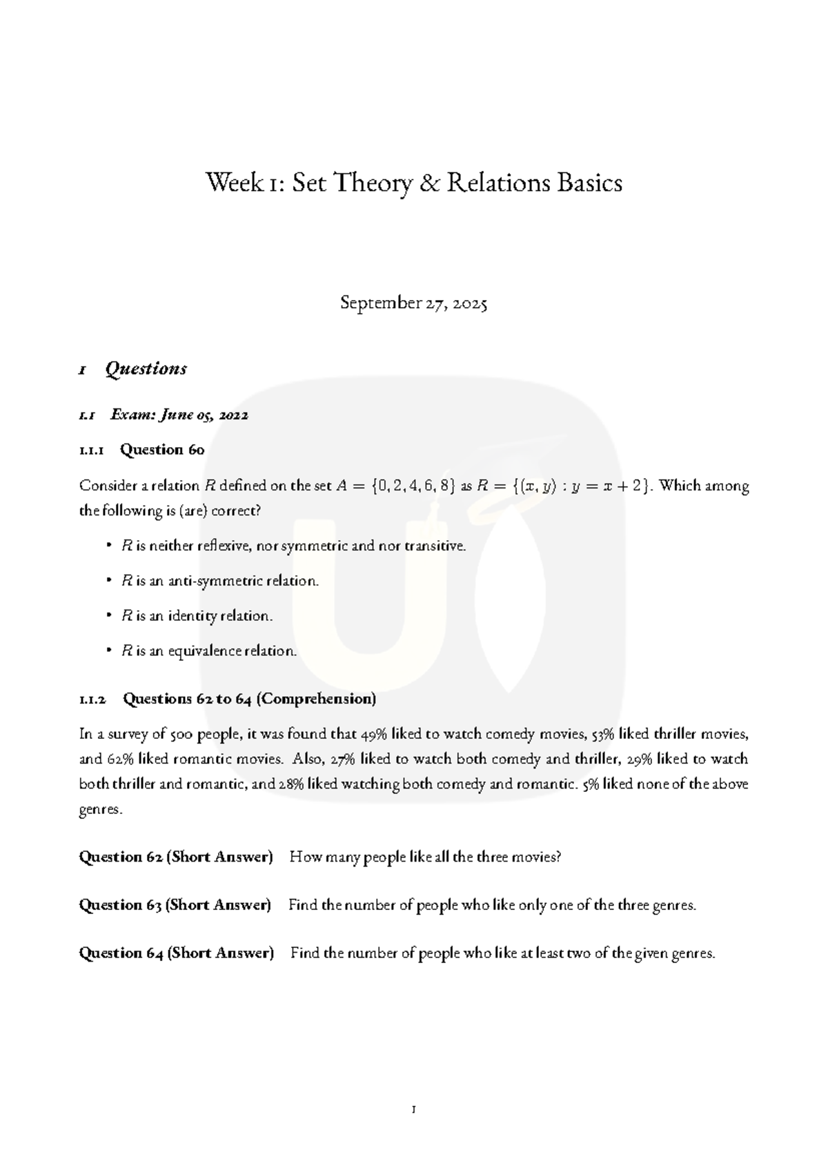 Week 1: Set Theory & Relations PYQ - Maths 1 Exam Prep - Studocu