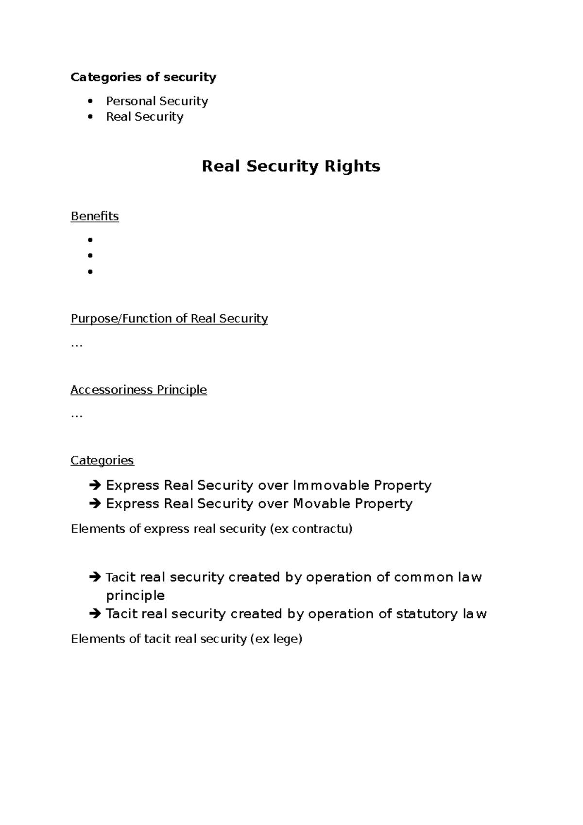 Categories of Security: Real and Personal Rights - Exam Work (LAW 101 ...