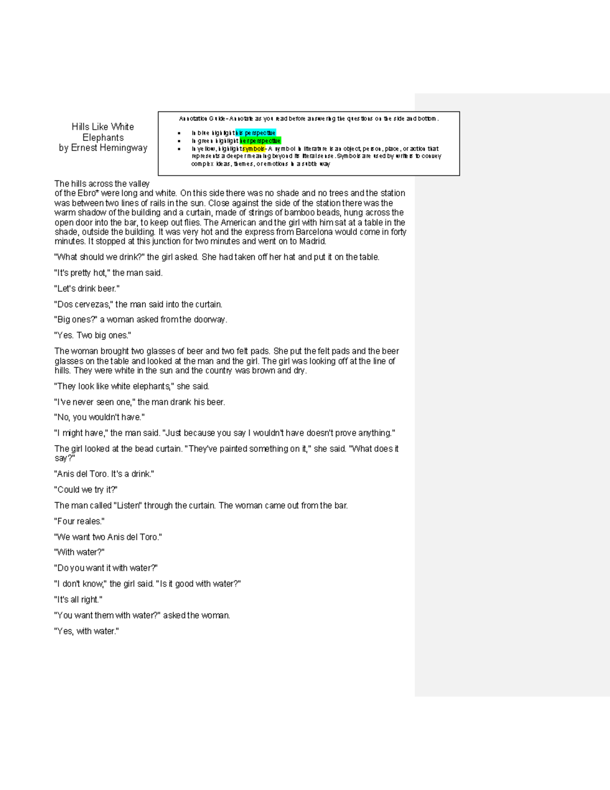 Hills Like White Elephants (ENG 101) - Annotations and Analysis - Studocu