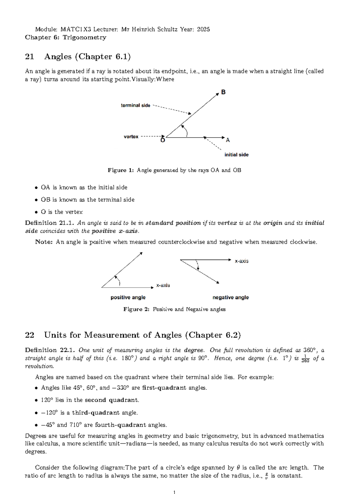MATC1X3 Chapter 6: Trigonometry - Angles & Measurement Notes - Studocu