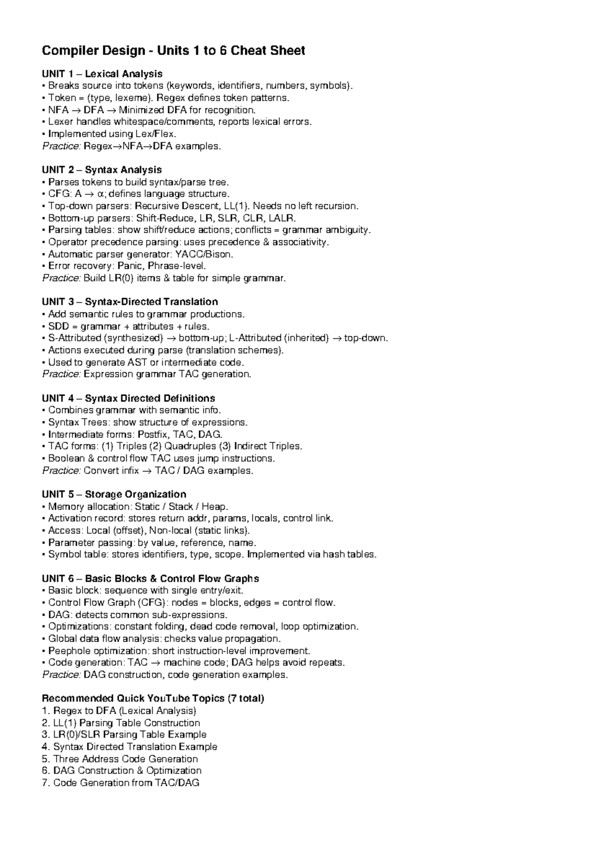 Compiler Design Cheat Sheet: Units 1-6 Overview and Key Concepts - Studocu