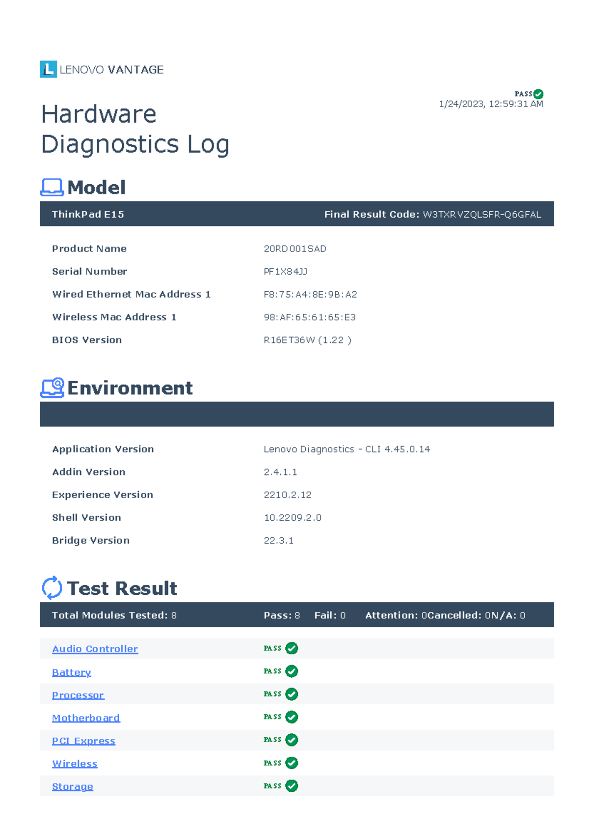 Lenovo ThinkPad E15 Hardware Diagnostics Log - 2023-01-24 Report - Studocu
