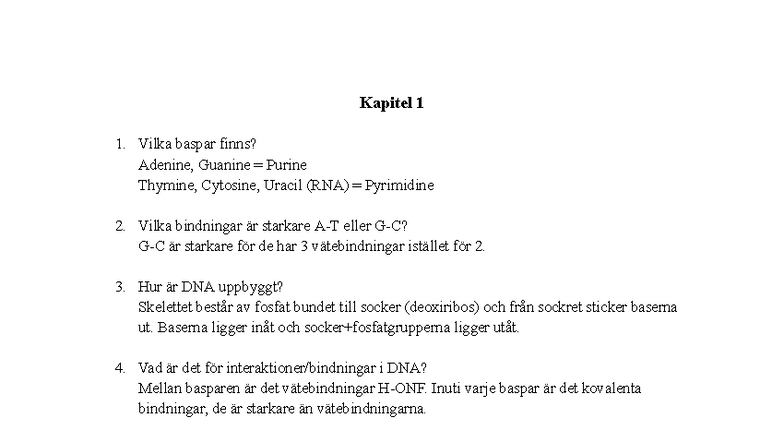 Biokemi Kapitel 1: Baspar, DNA-struktur och Genetisk Flödesdogma - Studocu