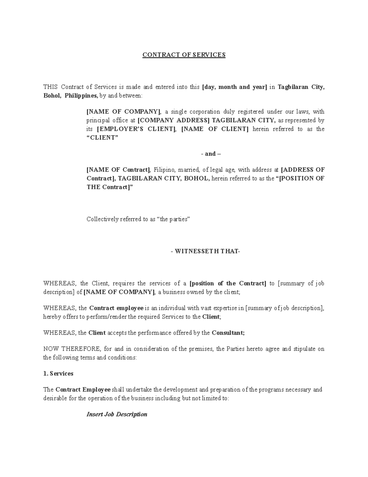 [Standard Template] Contract of Services Agreement for Employment - Studocu