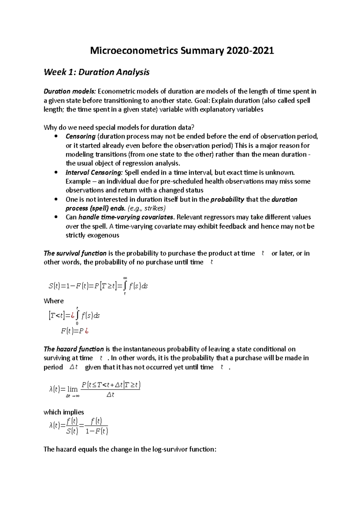 Microeconometrics 2020-2021: Week-by-Week Summary Notes - Studeersnel
