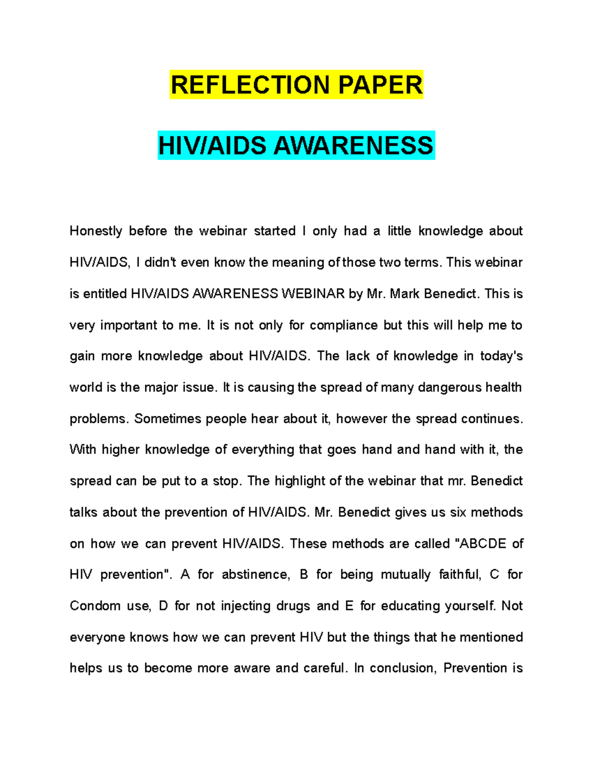 NSTP 1 - Reflection Paper on HIV/AIDS Awareness Webinar Insights - Studocu