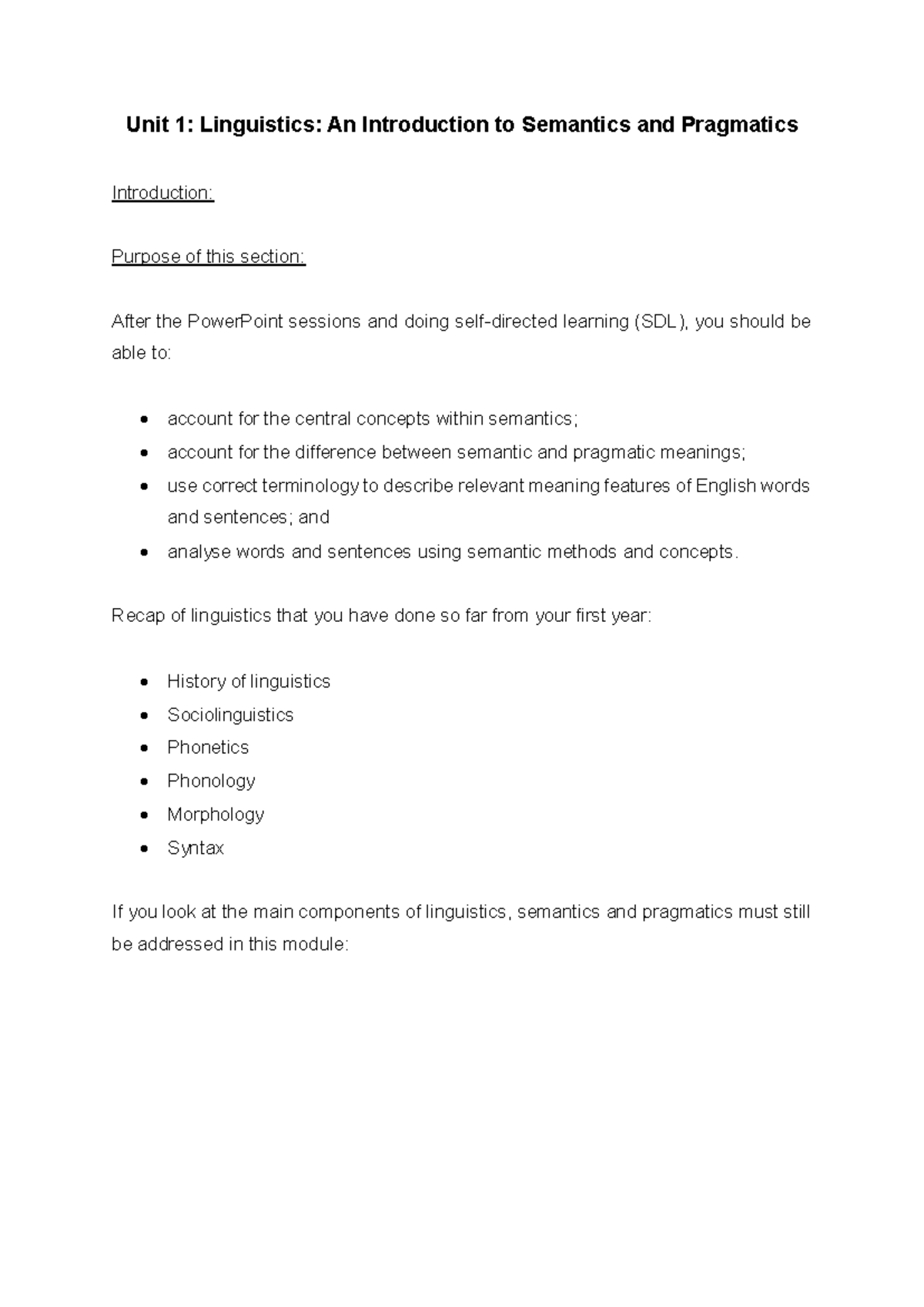 Unit 1: Linguistics - Intro to Semantics & Pragmatics (2025) - Studocu