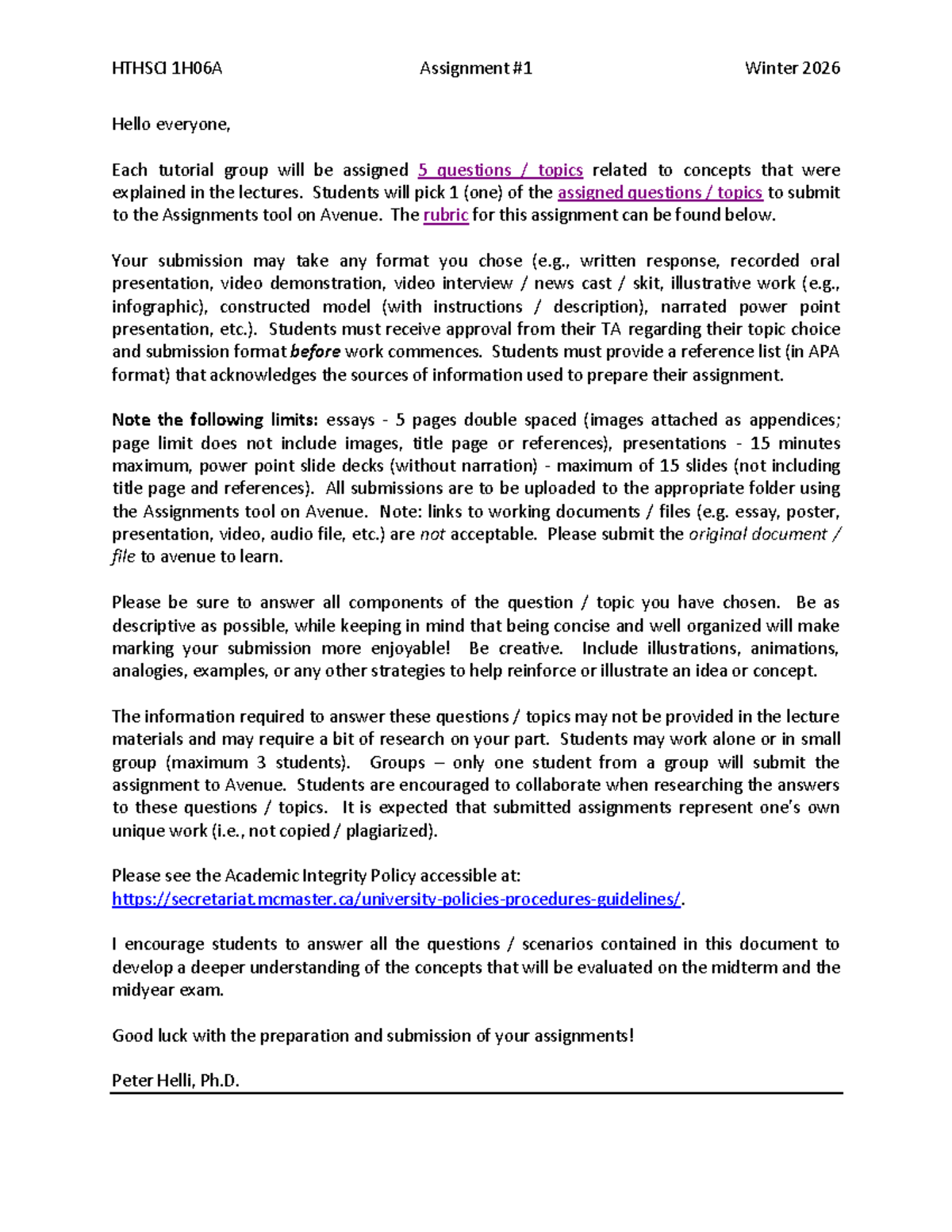 HTHSCI 1H06A Winter 2026 Assignment Instructions & Topics Guide - Studocu